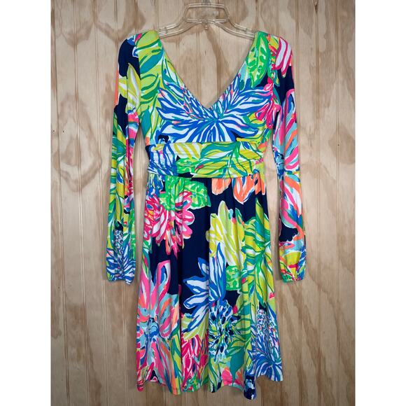 Lilly Pulitzer Fleur Dress XS Travelers Palm V-Neck Long Sleeve Fit and Flare - Picture 7 of 8